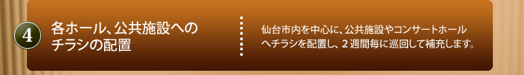 4.各ホール.公共施設へのチラシの配置｜仙台市内を中心に、公共施設へのチラシの配置｜仙台市内を中心に、公共施設やコンサートホールへチラシを配置し、2週間ごとに巡回して補充します。